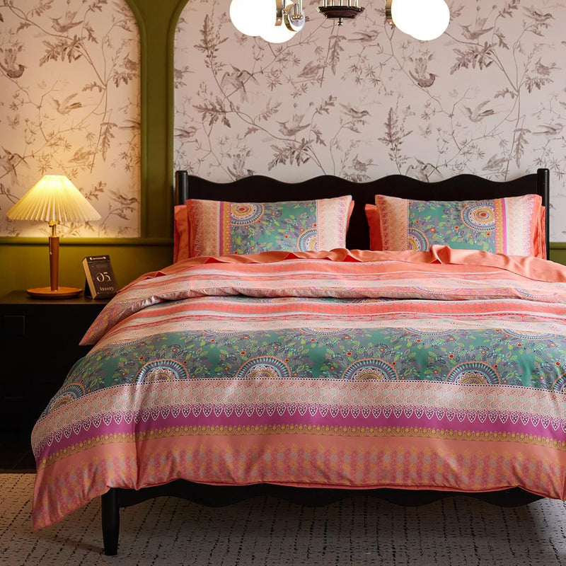 - Bohemian Comforter Set, Orange Coral Boho Chic Mandala Pattern Printed, Soft