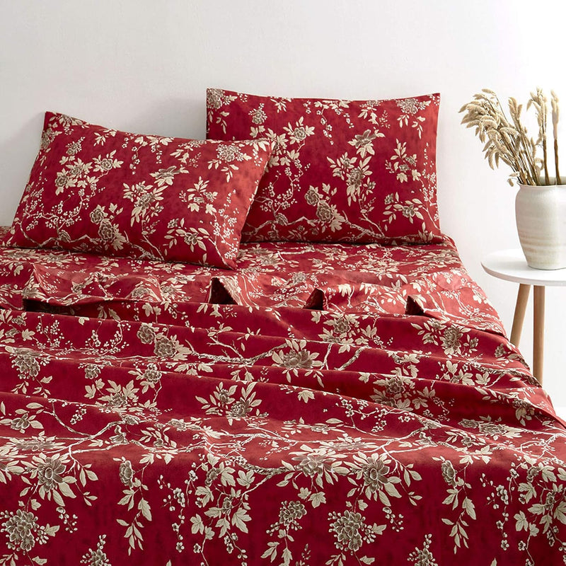 - Red Floral Sheet Set, Vintage Flowers Pattern Printed, Soft Microfiber Beddi