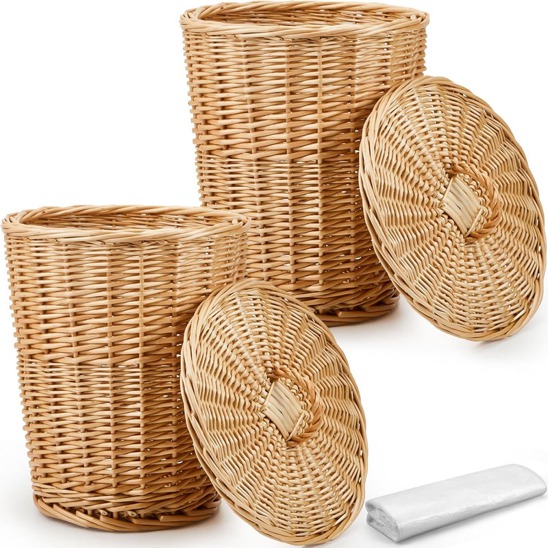 2 Pieces Wicker Trash Can With Lid Rattan Waste Basket Woven Trash Can With 100