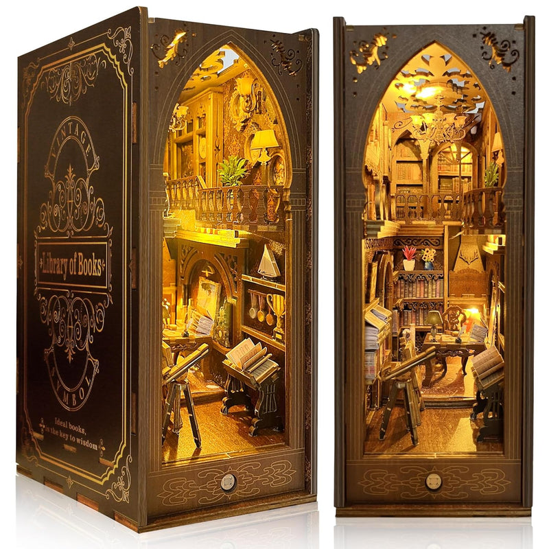 Book Nook Kit, Diy Miniature 3D Puzzle Wooden Bookends Dollhouse With Led L