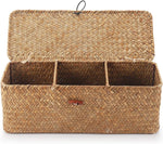 Seagrass Storage Basket with Lid Rectangular Small Woven Shelf Baskets with Sections for Organize Snack Toys Tampon