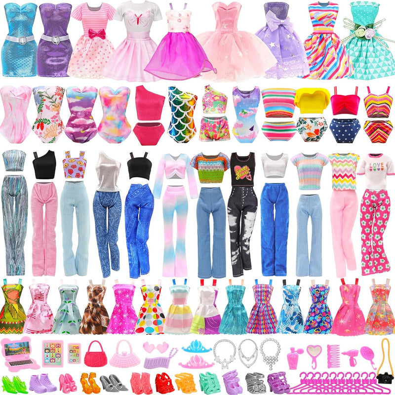 51 Pcs Doll Clothes And Accessories Including Fashion Dresses, Tops And Pan