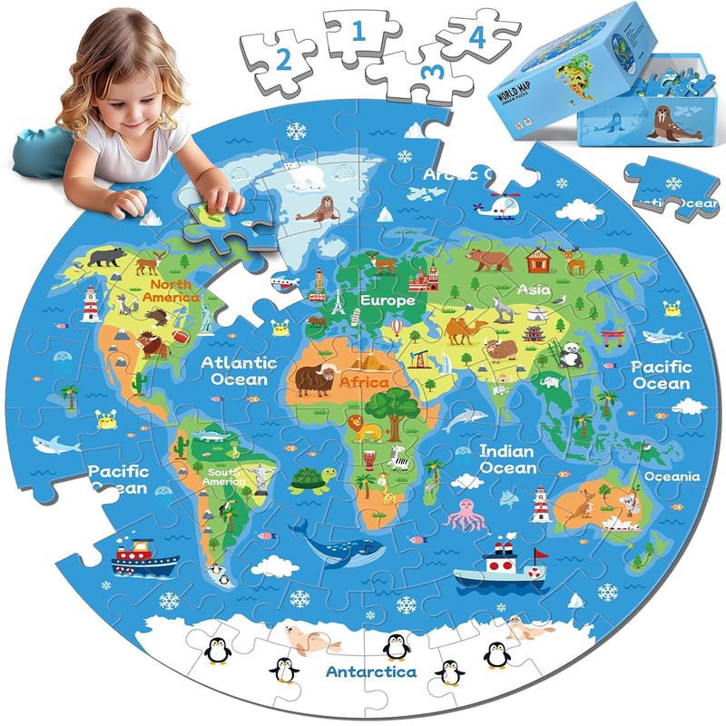 72 Piece World Map Jigsaw Puzzle For Kids 3 5, 4 6 Globe Round Floor Puzzle