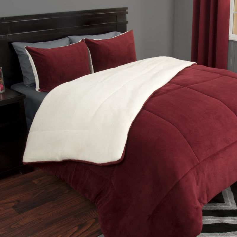 3 Piece Sherpa/Fleece Comforter Set, King, Burgandy