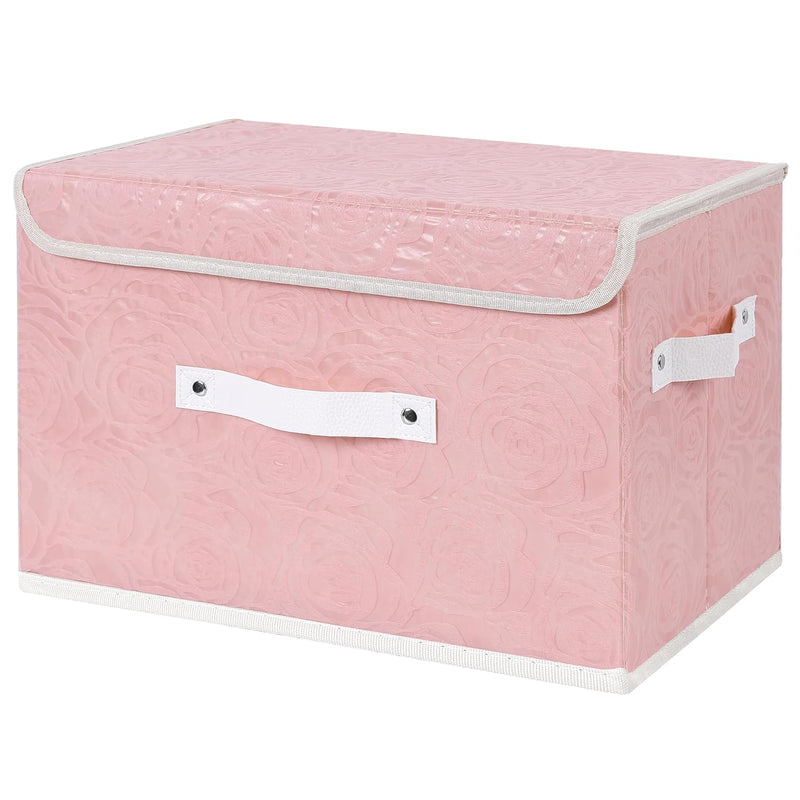 Fabric Storage Bin With Lid Rose Print Storage Box Basket With Pu Leather Handle