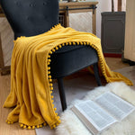Flannel Blanket With Pompom Fringe Lightweight Cozy Bed Blanket Soft Throw Blanket Fit Couch Sofa Suitable For All Season (51X63) (Mustard Yellow)
