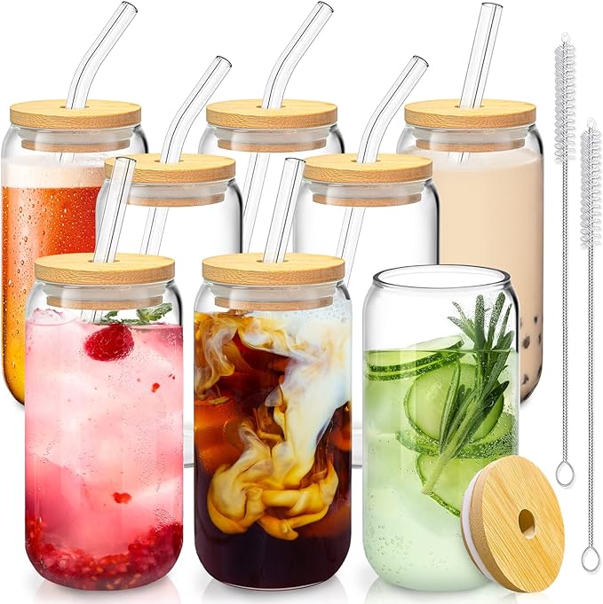8 Pcs Drinking Glasses with Bamboo Lids and Glass Straw - 16 Oz Can Shaped Glass Cups Beer, Ice Coffee Glasses Cute Tumbler Cup Great for Soda Boba Tea Cocktail Include 2 Cleaning Brushes