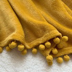 Flannel Blanket With Pompom Fringe Lightweight Cozy Bed Blanket Soft Throw Blanket Fit Couch Sofa Suitable For All Season(Mustard Yellow, 40''X 50'')
