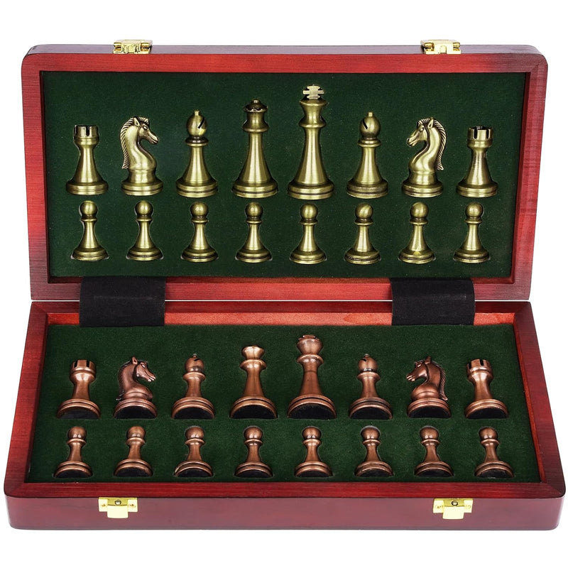 Agirlgle Retro Metal Chess Set with folding wooden chess board and Classic