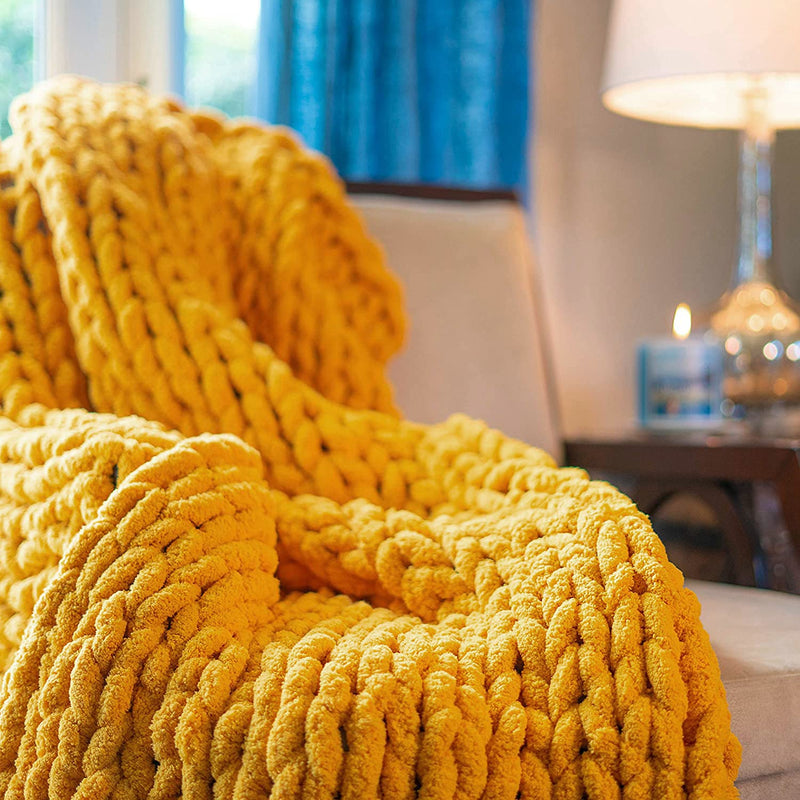 Chunky Knit Blanket Throw Chenille Cable Knitting Home Decor (Turmeric 40X40 I