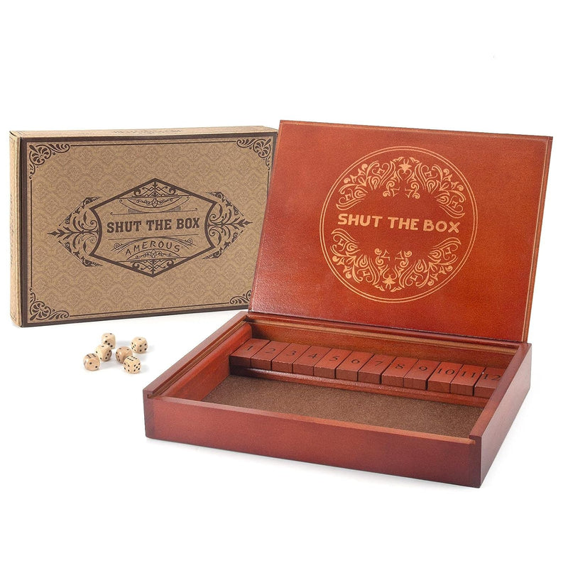 AMEROUS Shut The Box Dice Game?Wooden Board Table Math Game with Lid - 6 Di