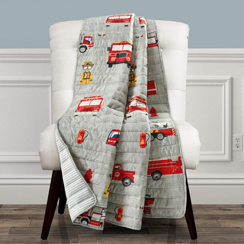 Fire Truck Reversible Print Throw Blanket, Red & Gray
