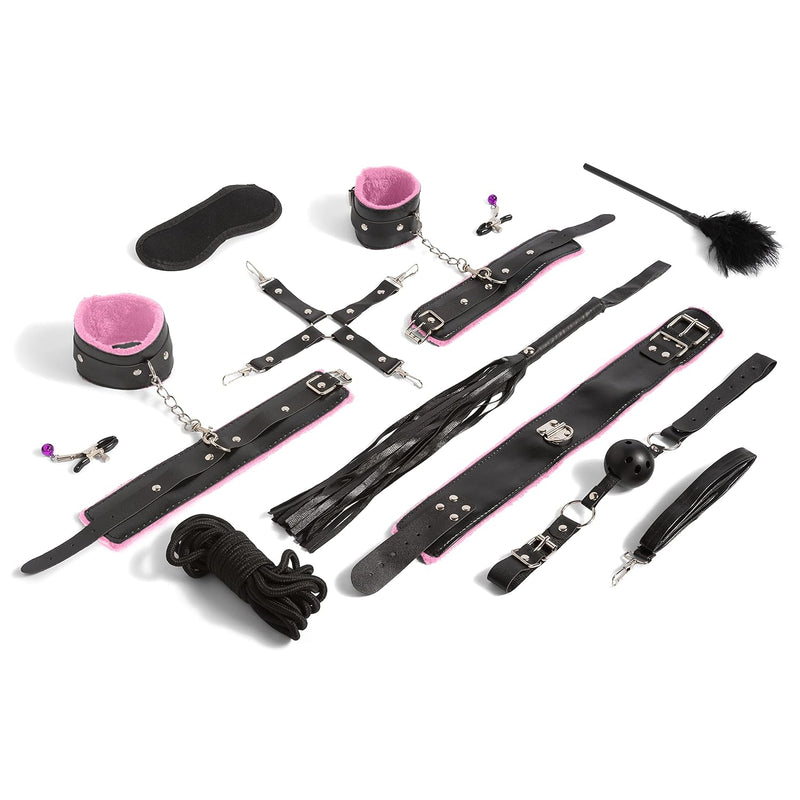 10 Pcs Bdsm Leather Bondage For Beginners Kit Adjustable Bed Restraints, Blindfold, Nipple Clamps, Fetish Whip, Ball Gag, Furry Handcuffs - Kinky Adult Sex (Pink)