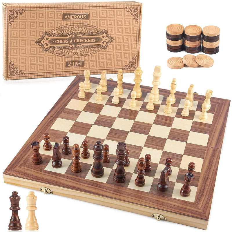 AMEROUS 15'' Wooden Chess & Checkers Set, 2 in 1 Board Games -2 Extra Queen
