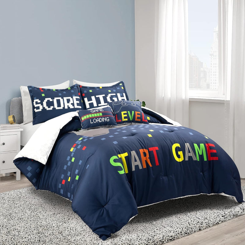 Video Games Reversible Oversized 5 Piece Comforter Set, Full/Queen, Navy