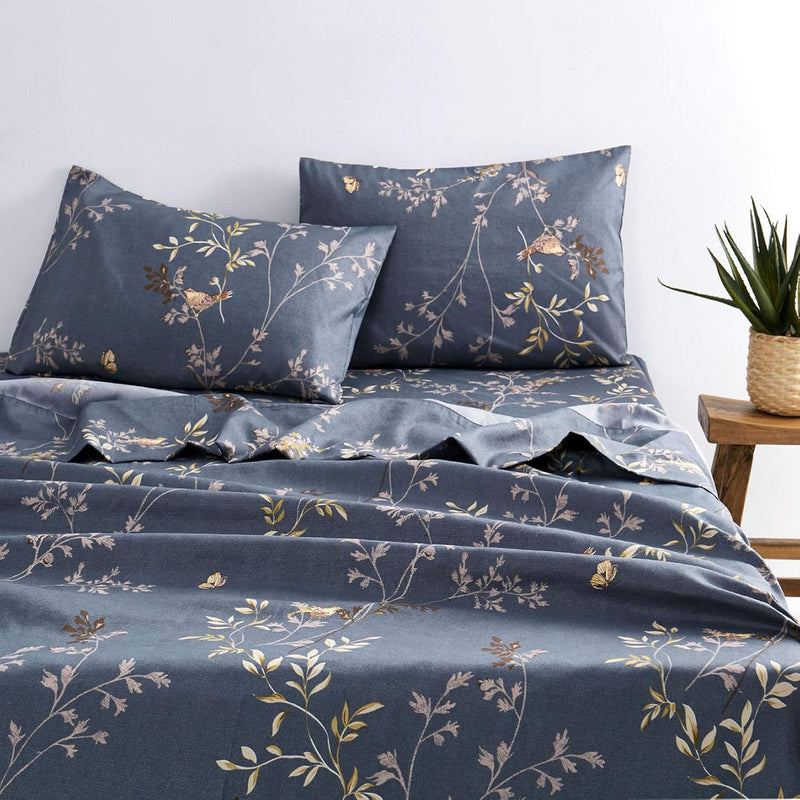 - Gray Sheet Set, Birds Floral Flowers Leaves Pattern Printed On Dark Grey, So