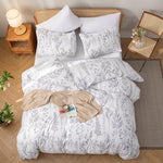 3Pcs White Comforter Set, Soft Microfiber Bedding Plant Flowers Printed Comforter With 2 Pillow Cases For All Seasons(Queen)