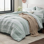 Bed In A Bag King Size 7 Pieces, Sage Green White Striped Bedding Comforter Sets All Season Bed Set, 2 Pillow Shams, Flat Sheet, Fitted Sheet And 2 Pillowcases