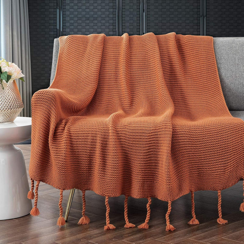 Knitted Throw Blanket With Fringe, Rust Orange Knit Throw Blanket For Couch Be