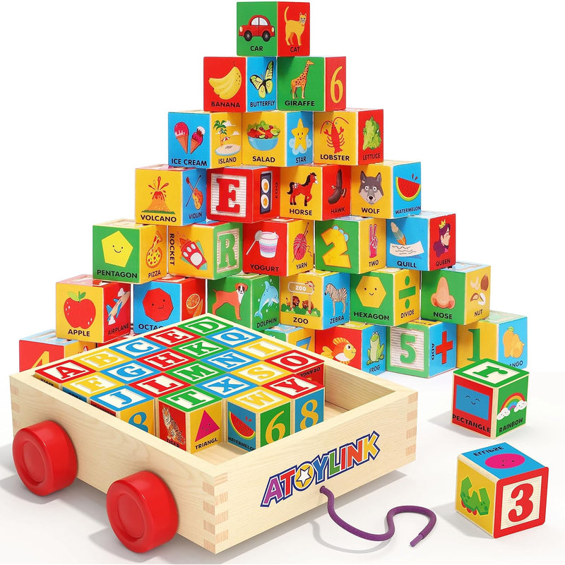 Atoylink ABC Wooden Building Blocks for Toddlers 1-3, 30 Pcs Alphabet & Num