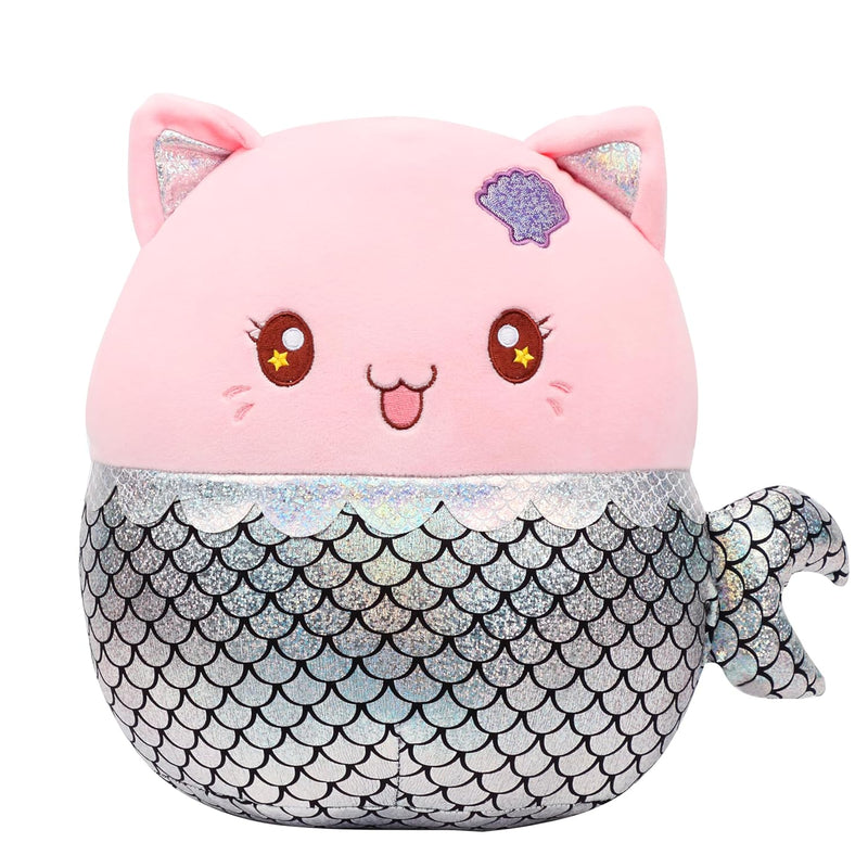 12” Mermaid Cat Plush Pillow Soft Mermaid Stuffed Animal Cute Cat Plush Toy Bi