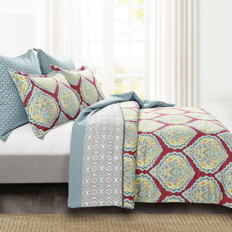 Harley Damask Reversible 5 Piece Comforter Set, Full/Queen, Red