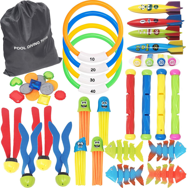 36 Pcs Diving Pool Toys Deluxe Set; Diving Sticks, Diving Rings, Toypedo Ba