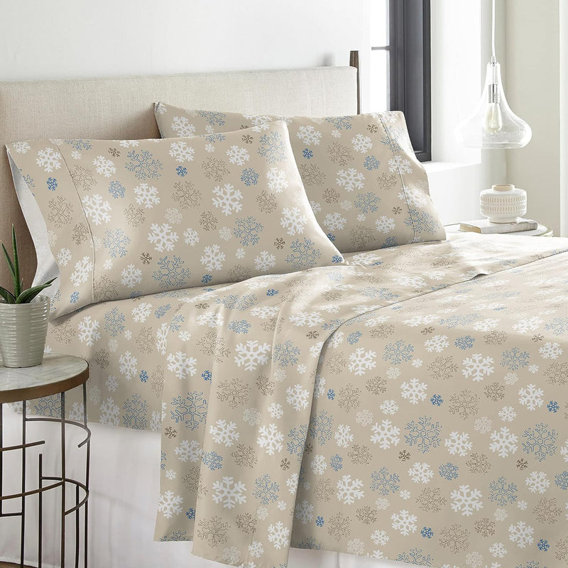 Flannel 170 Gsm Sheet Set,Cal King Snow Flakes Oatmeal