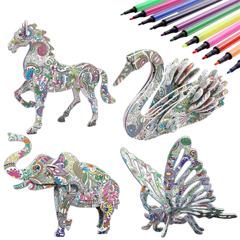 3D Coloring Puzzle Set,4 Animals Puzzles With 12 Pen Markers, Art Coloring