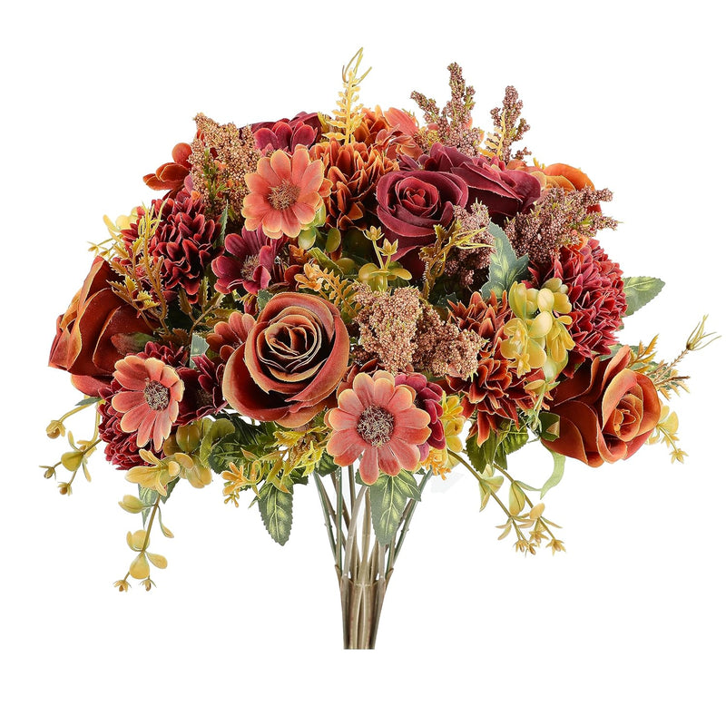 Orange And Burgundy Fake Flowers 3 Bundles Artificial Fall Flowers 2 Colors Fa
