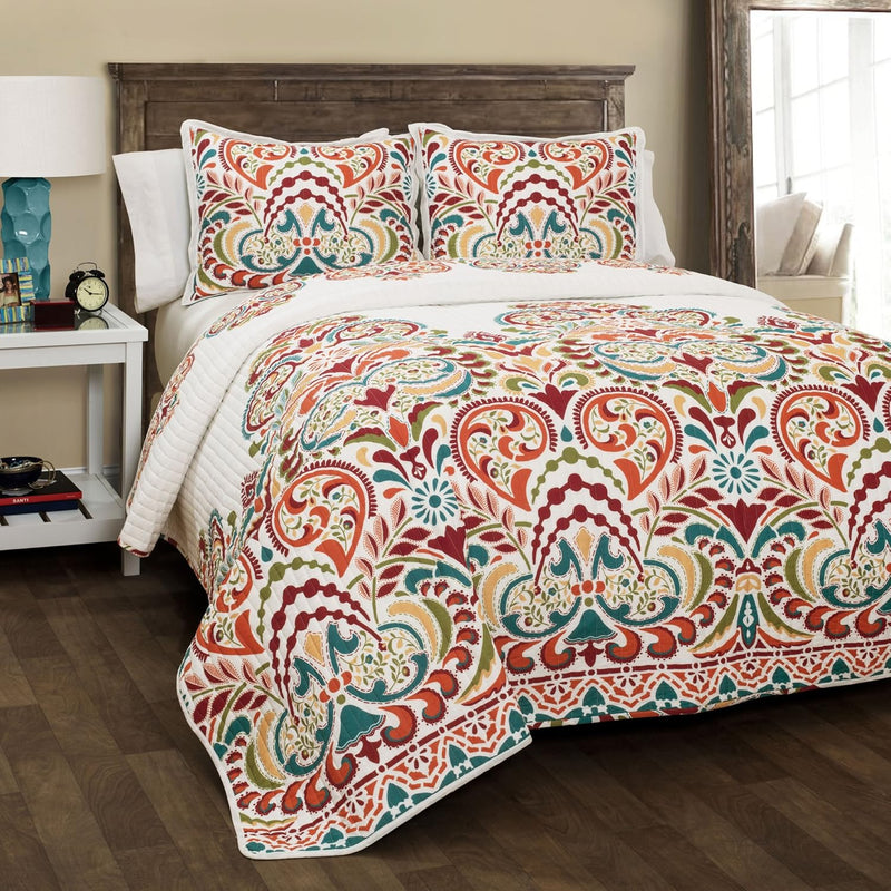 Clara Quilt 3 Piece Reversible Bedding Set, Full Queen, Turquoise And Tangerin