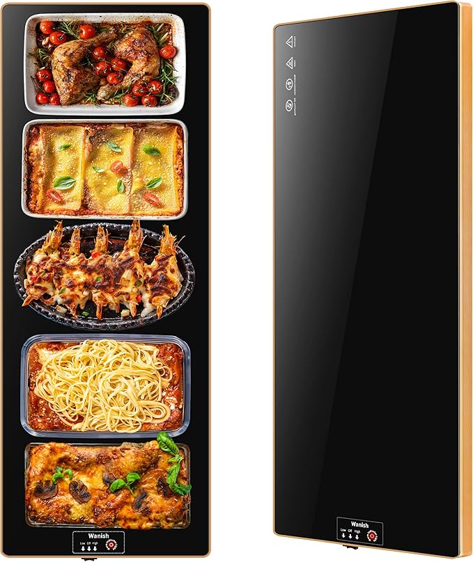 Electric Warming Tray(Extra Long 40”x12”),Food Warmer with Thermostat and Full Surface Heating,Food Warming Mat with 2 Temperature Modes for Parties Buffet,Gatherings,Gold Edge Warming Mat for Food
