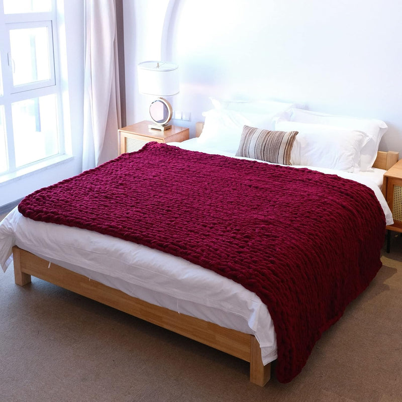Chunky Knit Blanket Throw Chenille Cable Knitting Home Decor (Red 40X40 In)