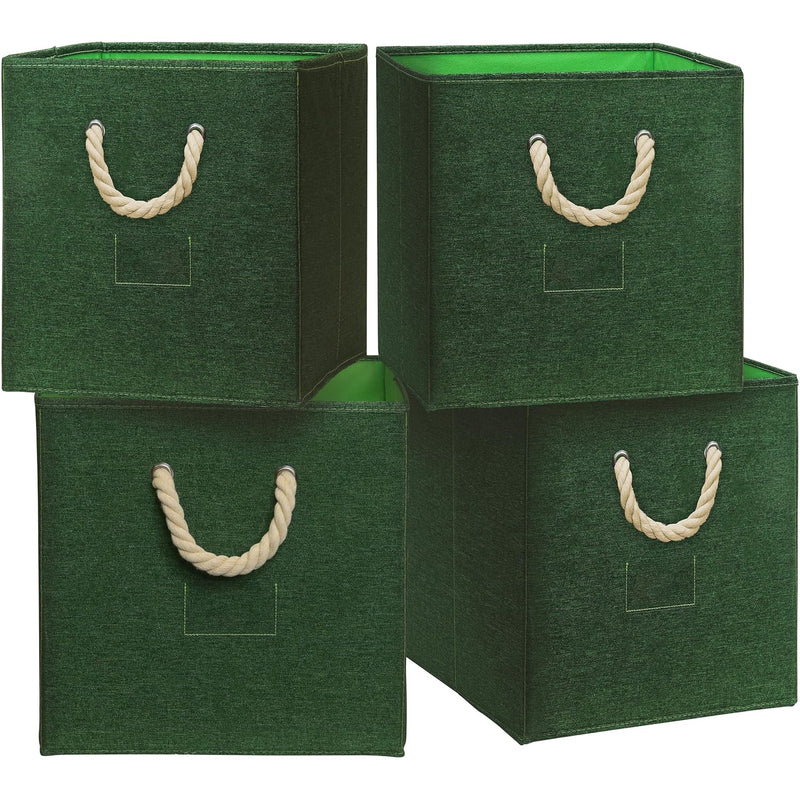 4 Pack Cube Storage Bin With Braided Handles, Green