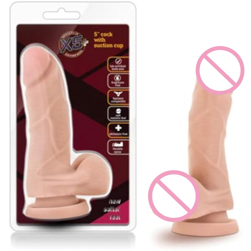 , X5 Plus 5.75 Inch Dildo, Ultrasoft Lifelike Realistic, Slim 1.2" Poseable Shaft, Strap On Compatible Suction Cup For Hands Free Play, Sex Toy For Women Men, Beige