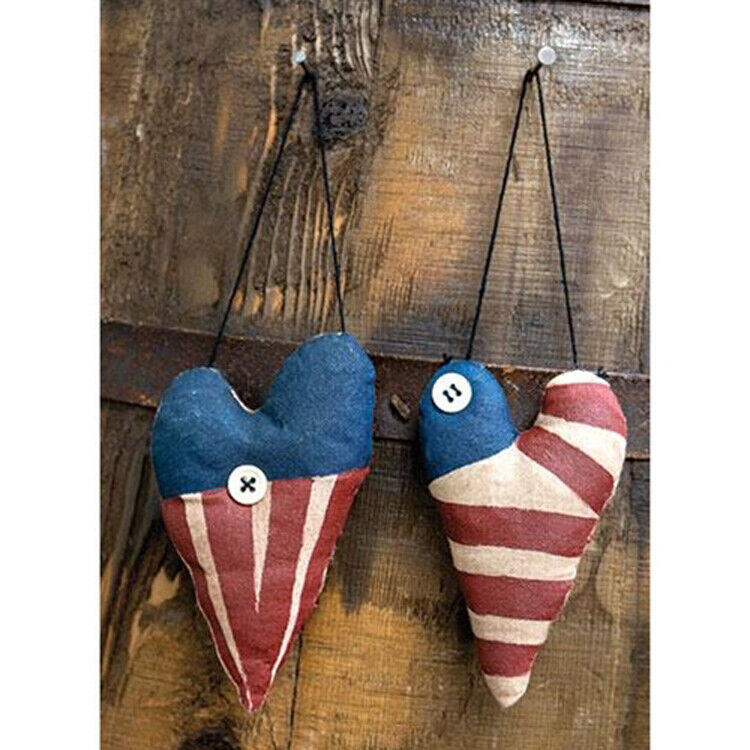 Cwi Patriotic Decor - Americana Prim Heart Fabric Ornaments 2Pc