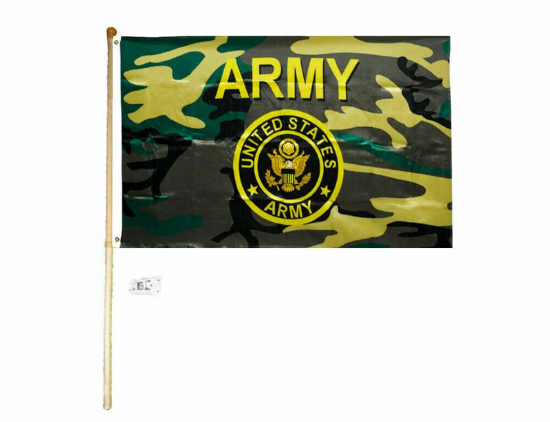 5' Wood Flag Pole Kit Bracket With 3X5 Us Army Camouflage Yellow Emblem Flag