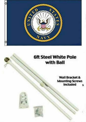 2X3 2'X3' U.S. Navy Emblem Crest Flag White Pole Kit Gold Ball Top