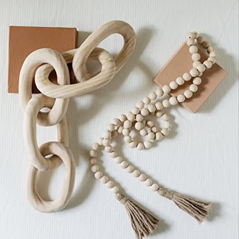 Decorative Wood Chain Link And Bead Garland Set Hand Carved Pine Wood Chain Decor