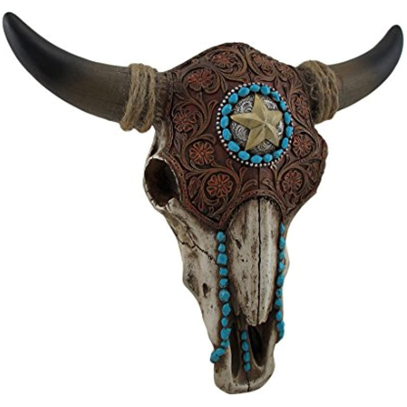 Turquoise Accent Southwestern Country Bull Cow Skull Hanging Wall Decor