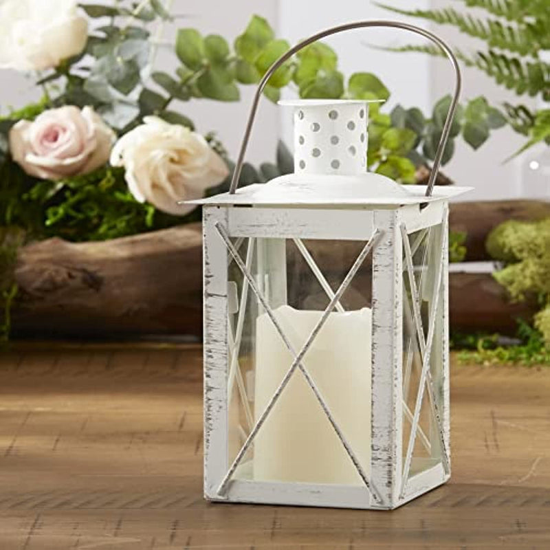 Luminous White Metal Lantern Tea Light Holder Medium Rustic Home Decor Lantern