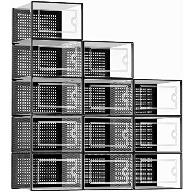Large Shoe Organizers Storage Boxes For Closet 12 Pack Kuject Clear Plastic Stackable Shoe Containers Bins With Lids Great Substitute For Shoe Rack Under Bed Shoe Storage For Entryway Drop Front Fit Up To Womens Size 12 Black