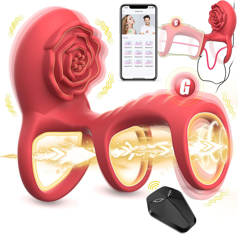 Vibrating Cock Ring with Rose Clitoral & G-Spot Stimulator, 9 Vibration Modes