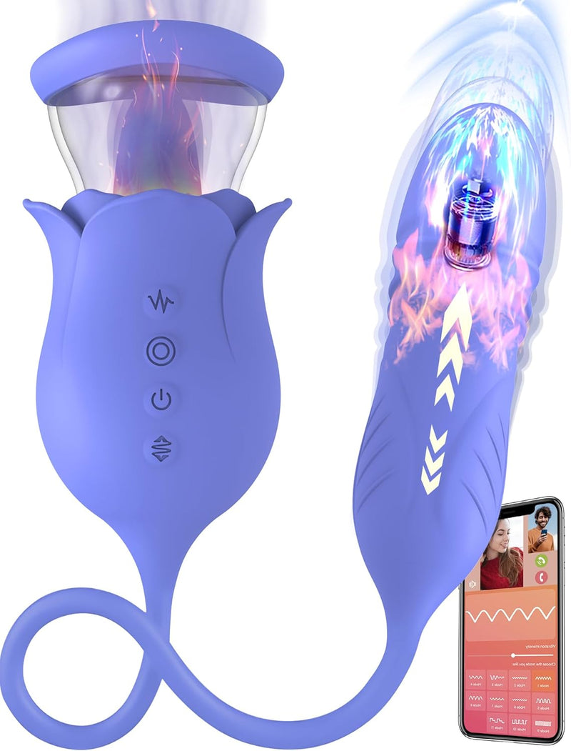 Rose Vibrator for Women - APP Remote, 8 Thrust & 10 Tongue Vibration, Heated Toy