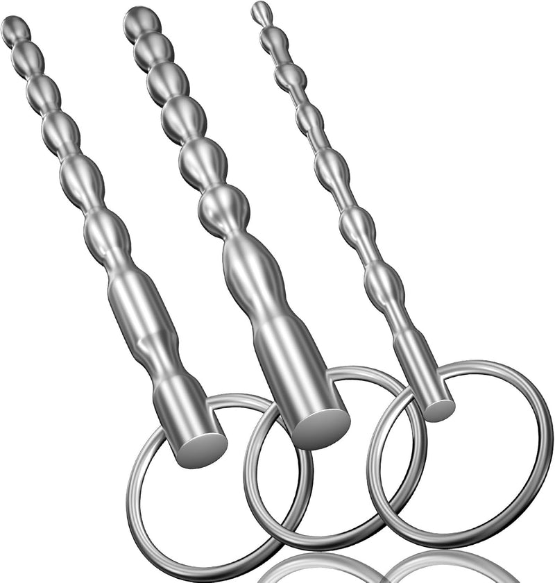 3-Piece Stainless Steel Urethral Sound Set with Bumpy Penis Plug and Ring