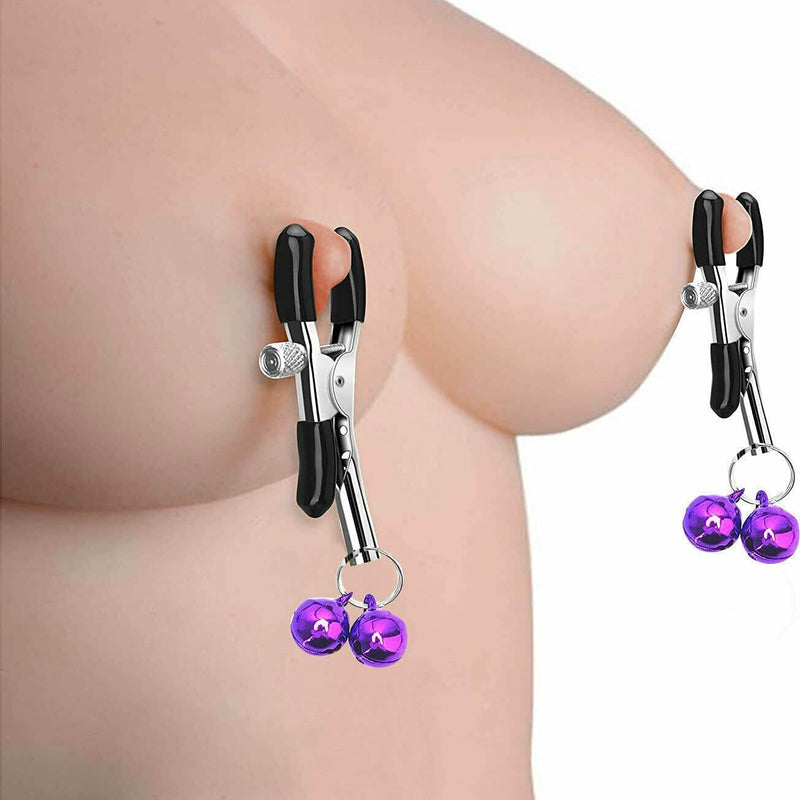 Adjustable Stainless Steel Nipple Clamps with Bells – Non-Piercing BDSM Play