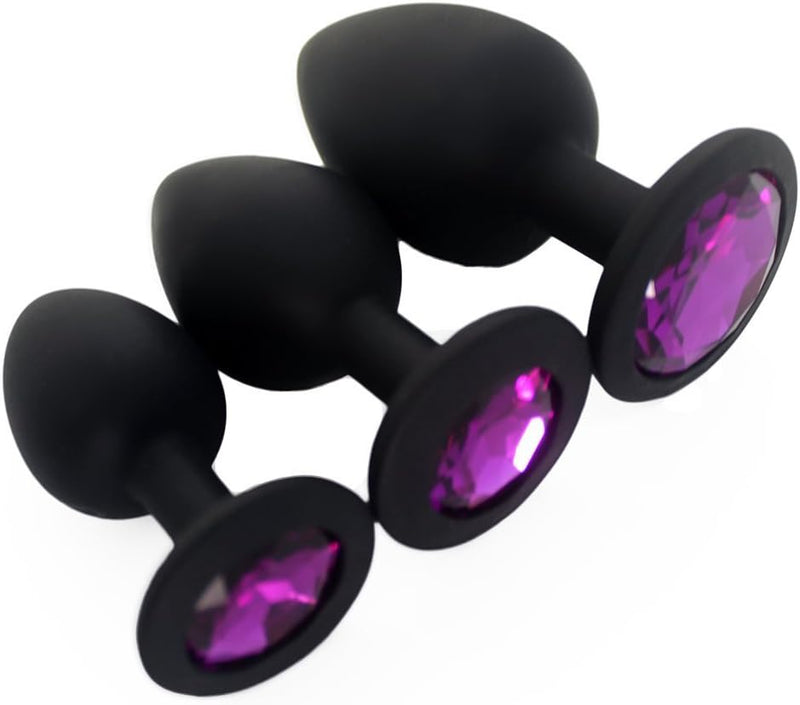 3PCS Silicone Jeweled Anal Plug Set, Starter Kit for Men & Women (Black)