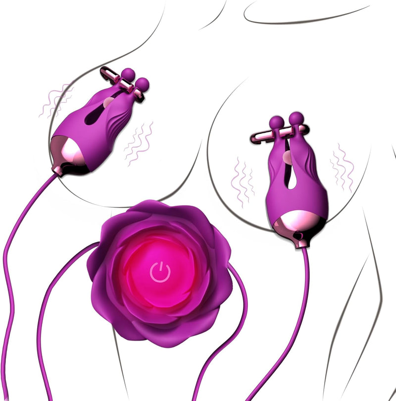 Rose Nipple Vibrator with 10 Vibration Modes, Rechargeable Clamps for Couples