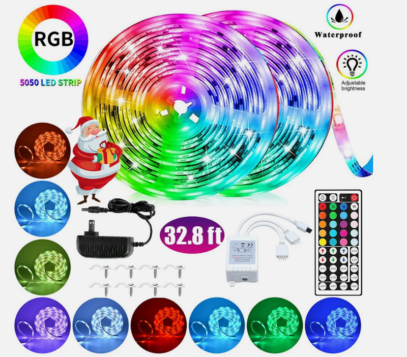 32.8 Feet RGB Waterproof LED Strip Light SMD 44 Key Remote 12V DC Power Kit 5050