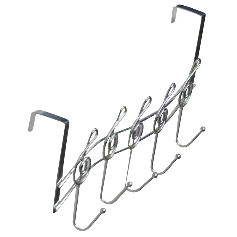 Music Note Treble Clef Shape Over The Door Metal Rack, 5 Hanger Hooks Chrome Pla